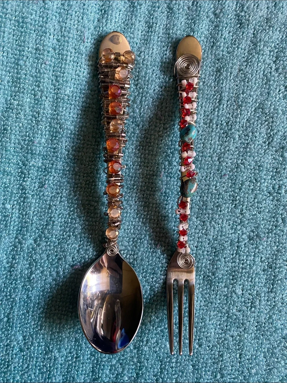 GS 18/10 Handcrafted Wire-Wrapped Beaded Spoon and Fork  Set - Multicolor Accent